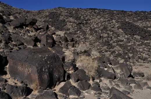 Basalt boulders and petroglyphs along Rinconada Canyon at Petroglyph National Monument