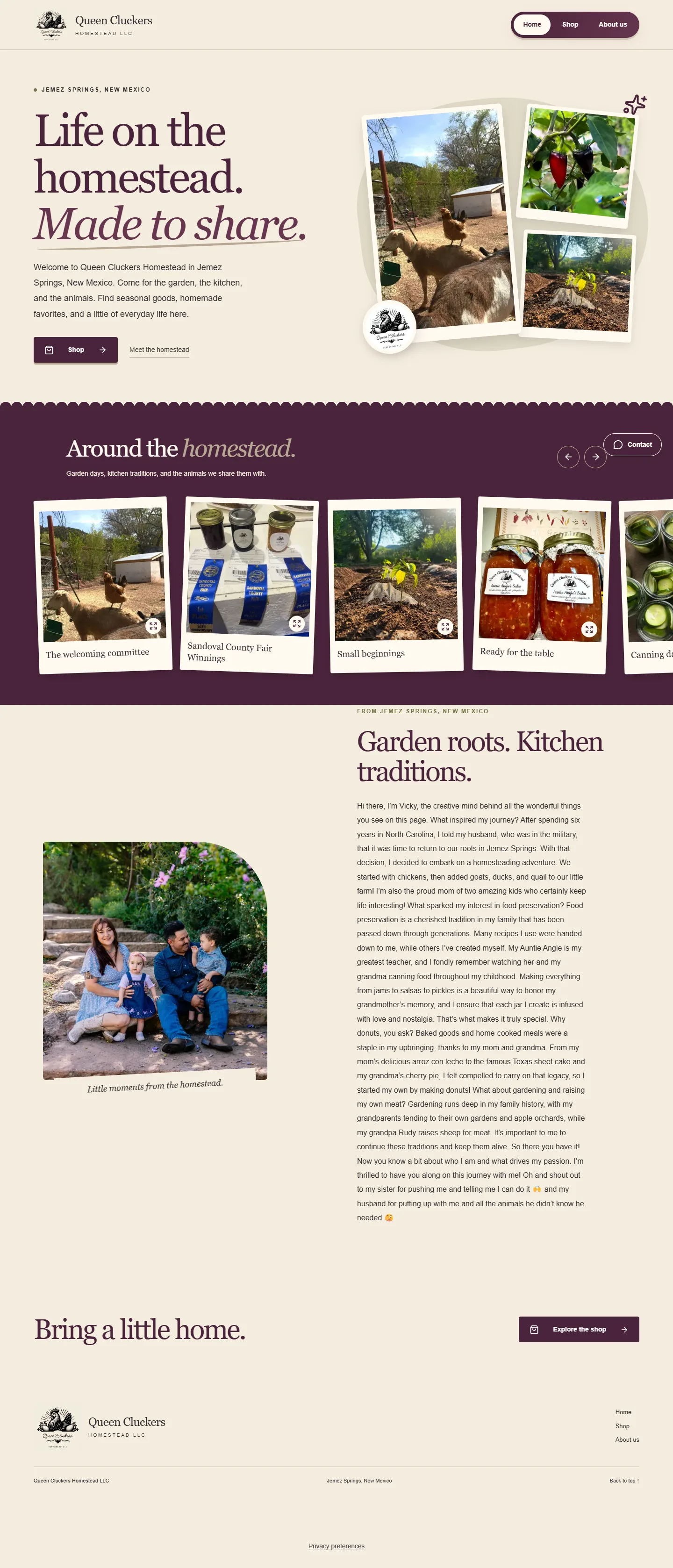 Queen Cluckers, home page, desktop interface