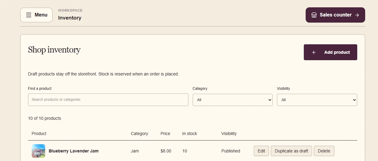 Queen Cluckers custom CMS: product search, category and visibility filters, and inventory editing