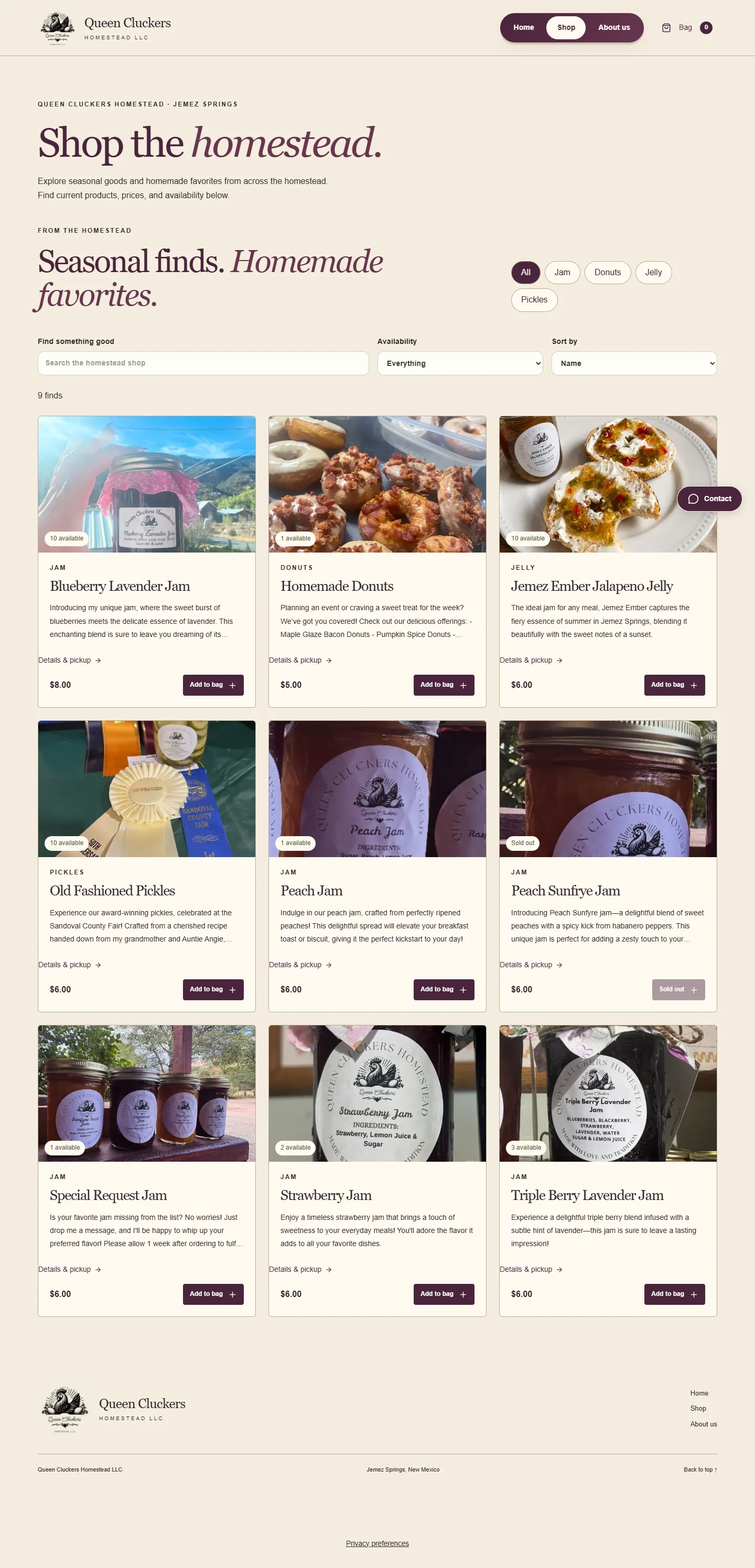 Queen Cluckers shop interface with seasonal products and cream and plum styling