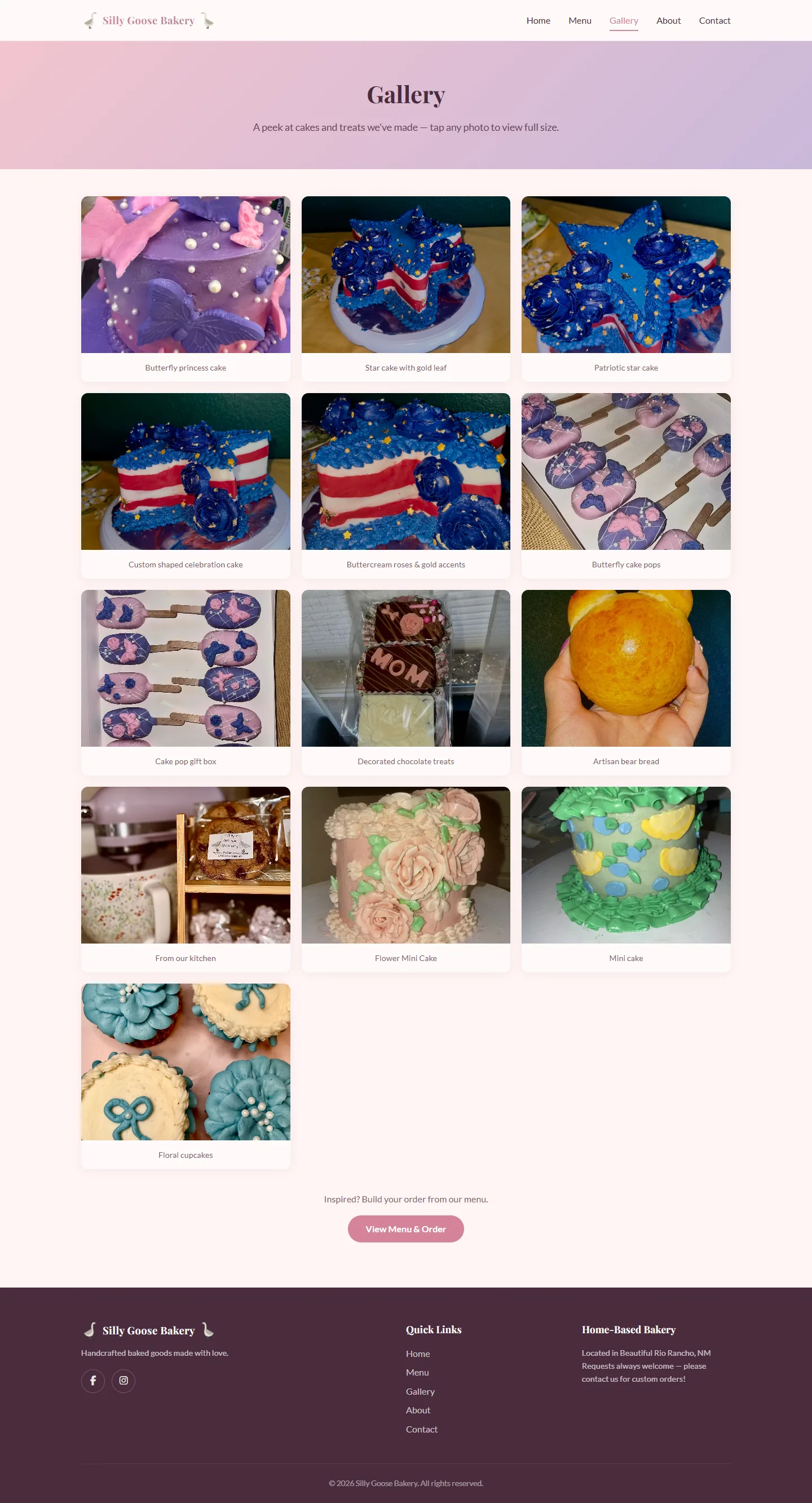 Silly Goose Bakery gallery interface with custom cake photography