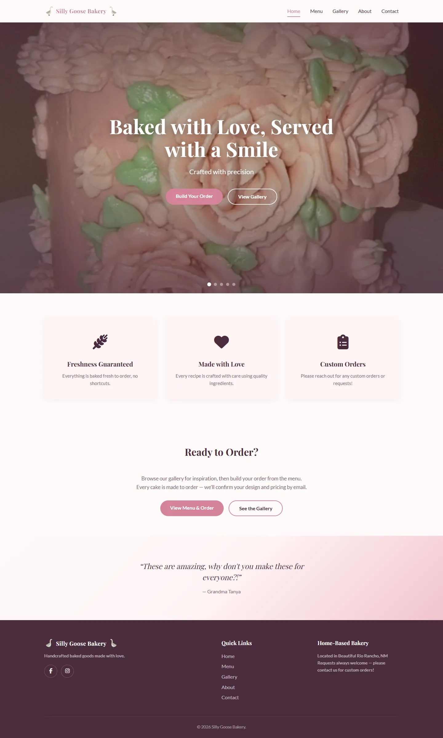 Silly Goose Bakery, home page, desktop interface